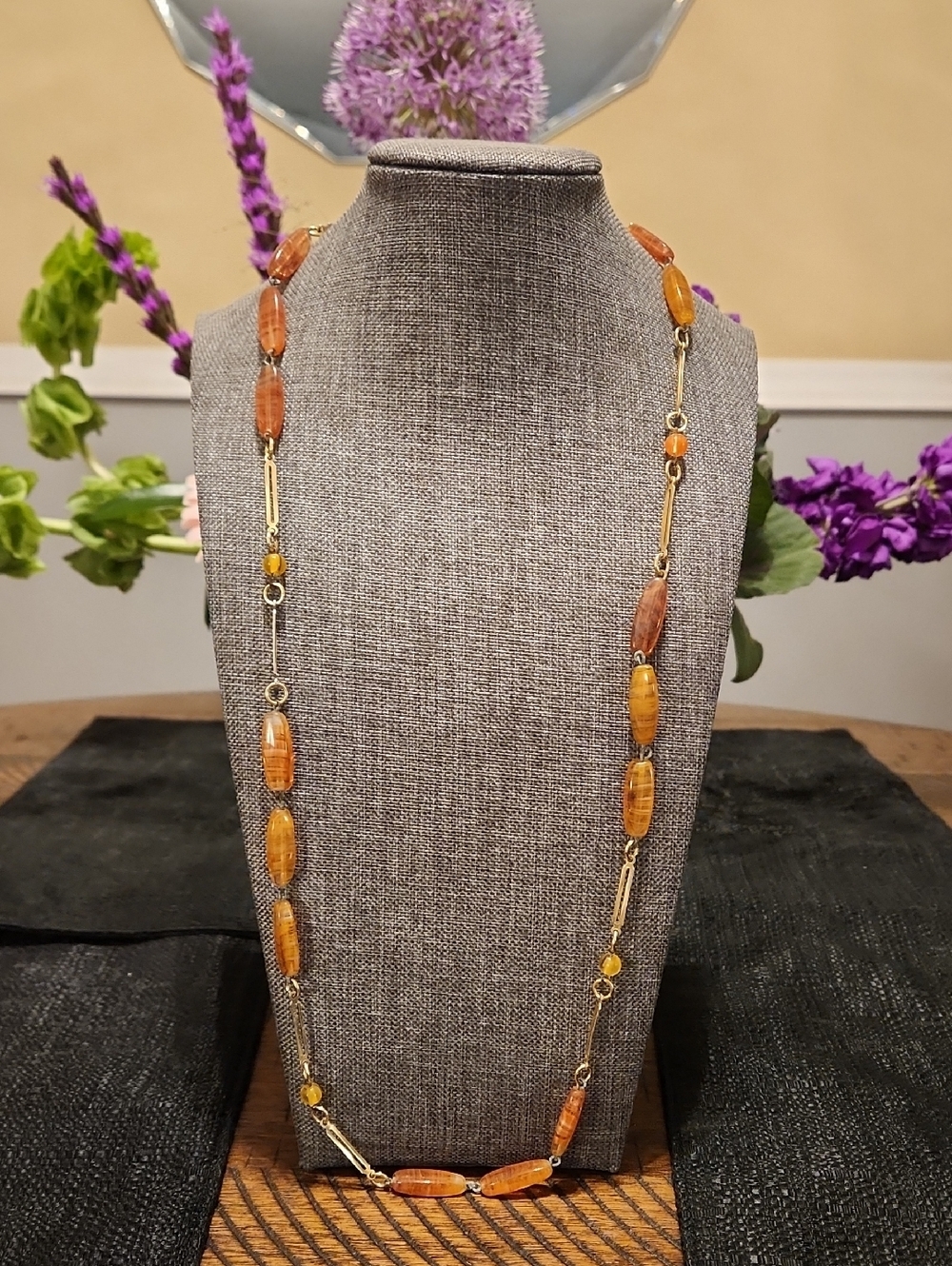 Vintage Gold-Tone Amber Bead Long Necklace